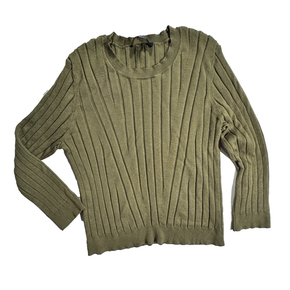 Rachel Roy Sweater Women XL Olive Green Ribbed Long Sleeve Fitted Scoop Neck